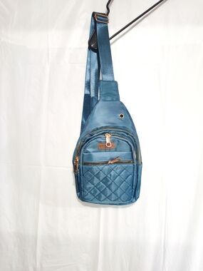 Kaleidoscope crossbody sling bag blue gold-tone zippers